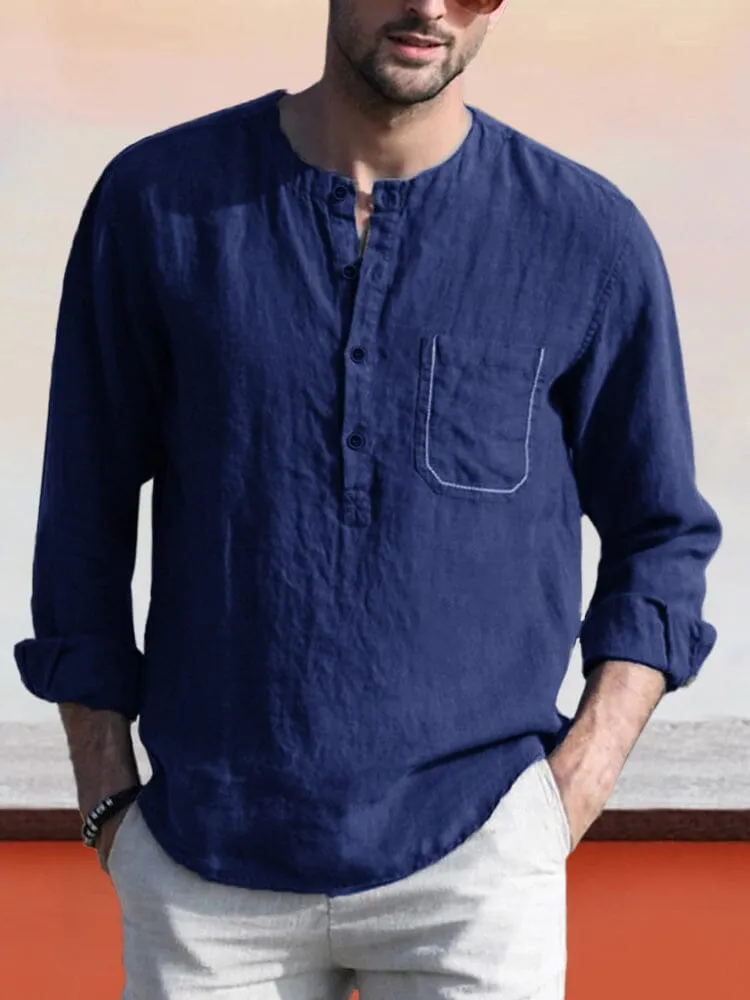 Linen Style Henley Shirt With Pocket