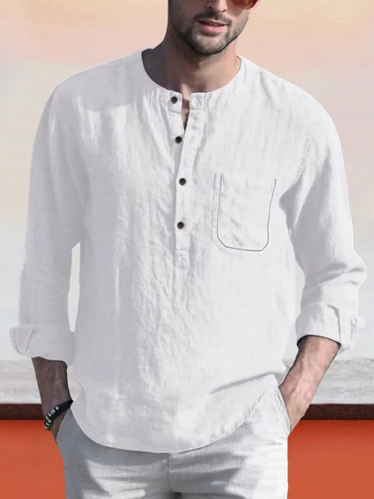 Linen Style Henley Shirt With Pocket
