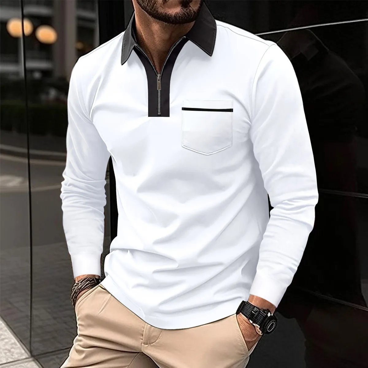 Long Sleeve sweaterLapel Fashion Slim Pocket