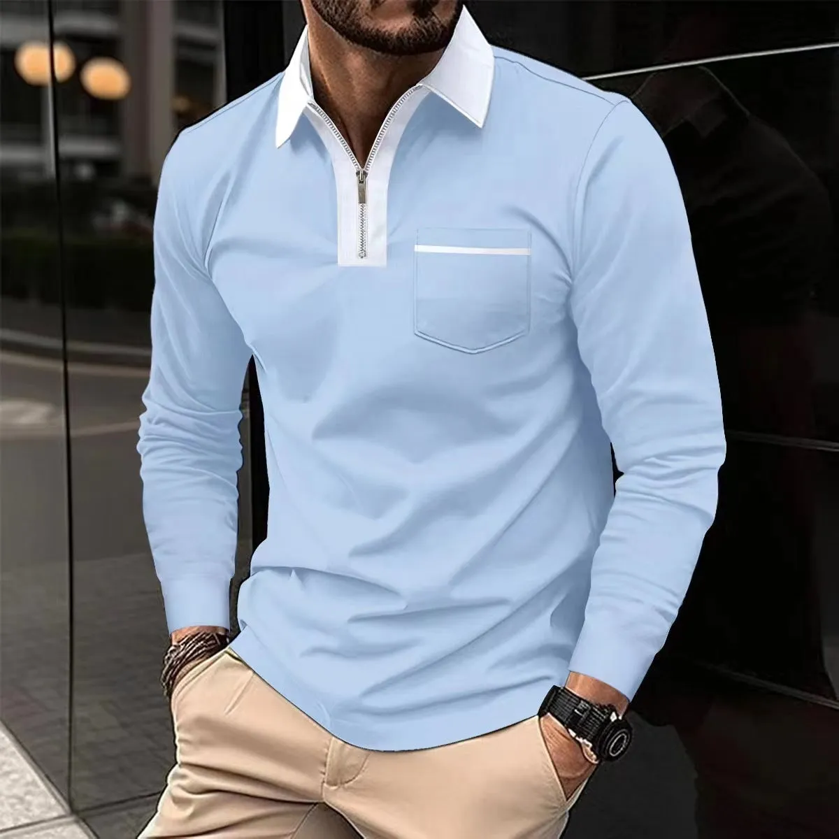 Long Sleeve sweaterLapel Fashion Slim Pocket