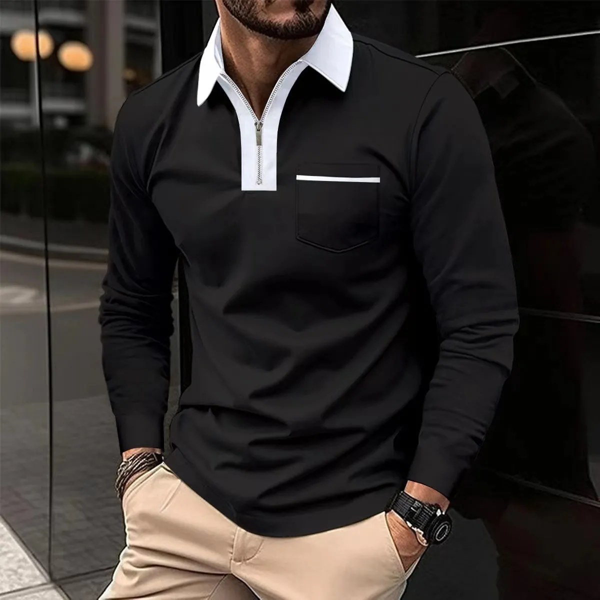 Long Sleeve sweaterLapel Fashion Slim Pocket