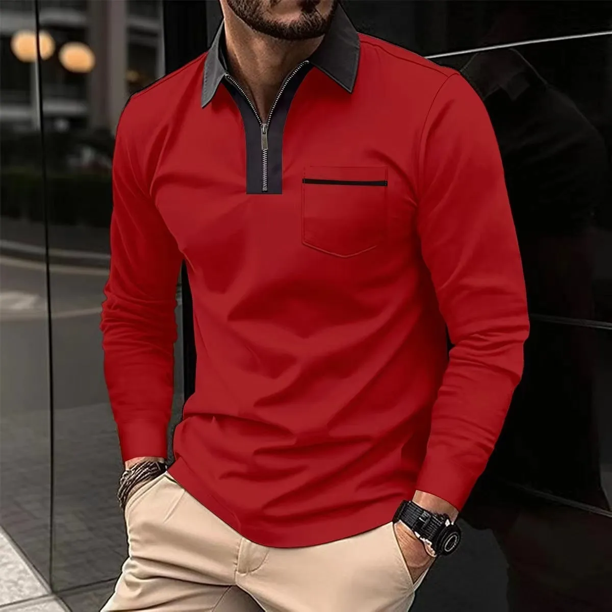 Long Sleeve sweaterLapel Fashion Slim Pocket