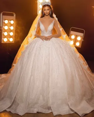 Lylah V- Neck White Embroidered  Wedding Dress
