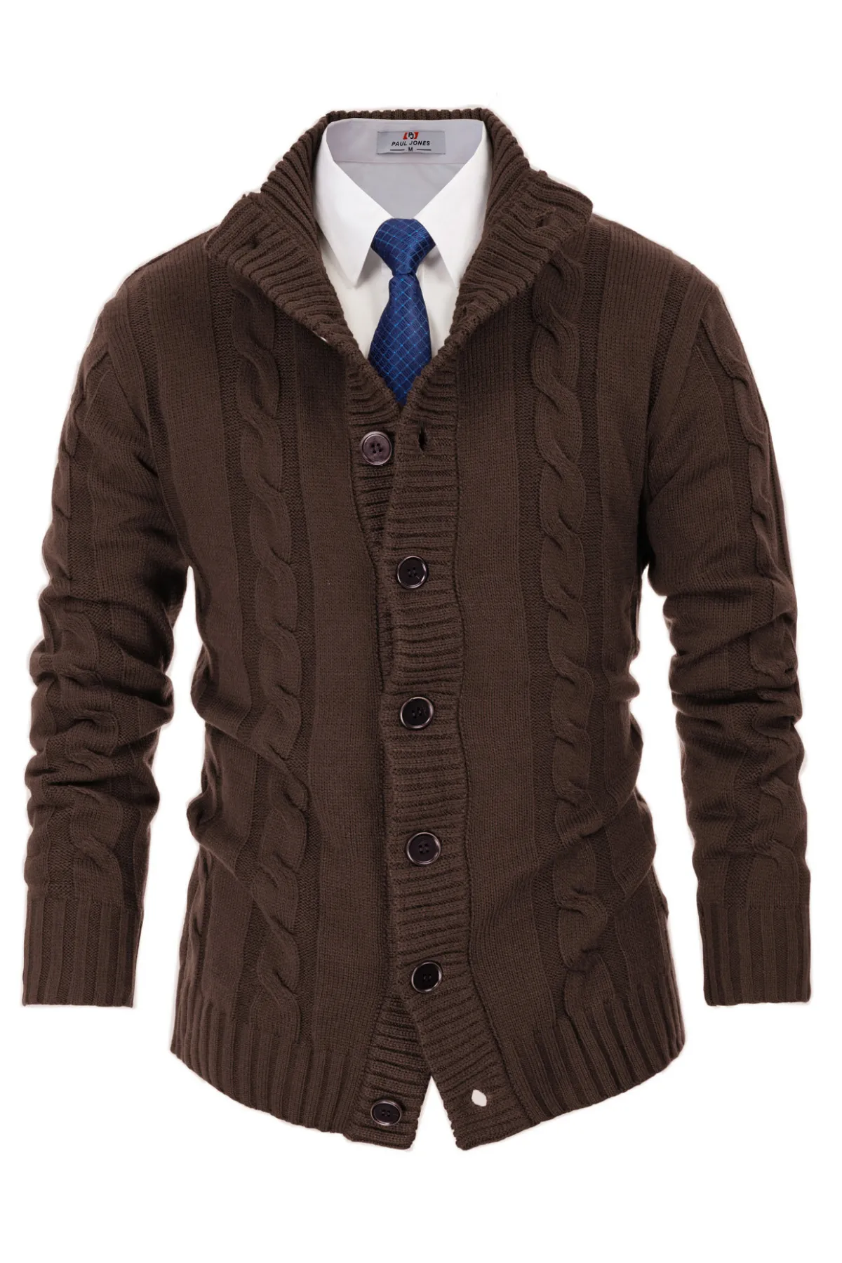 Men's Cardigan with Button Closure, Cable Knit Cardigan with Ribbed Stand-Up Collar for Autumn Winter