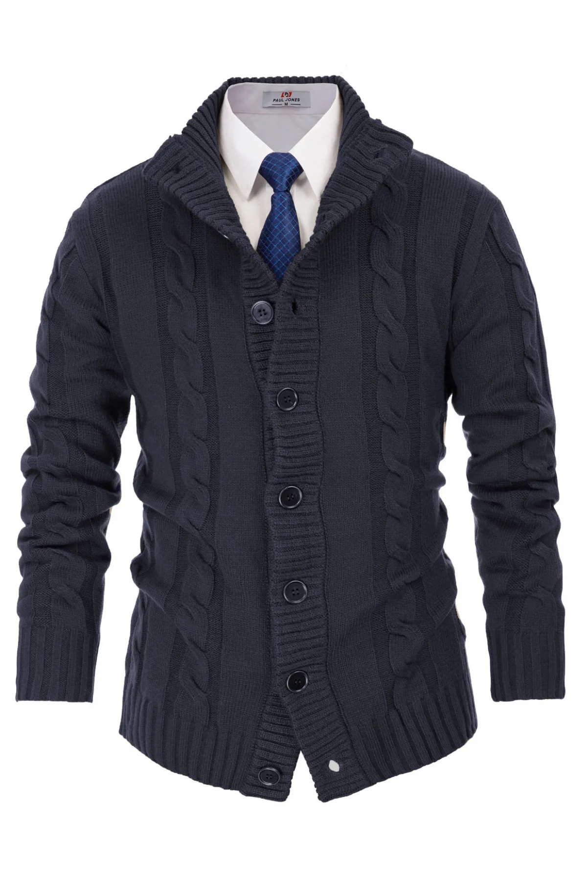 Men's Cardigan with Button Closure, Cable Knit Cardigan with Ribbed Stand-Up Collar for Autumn Winter
