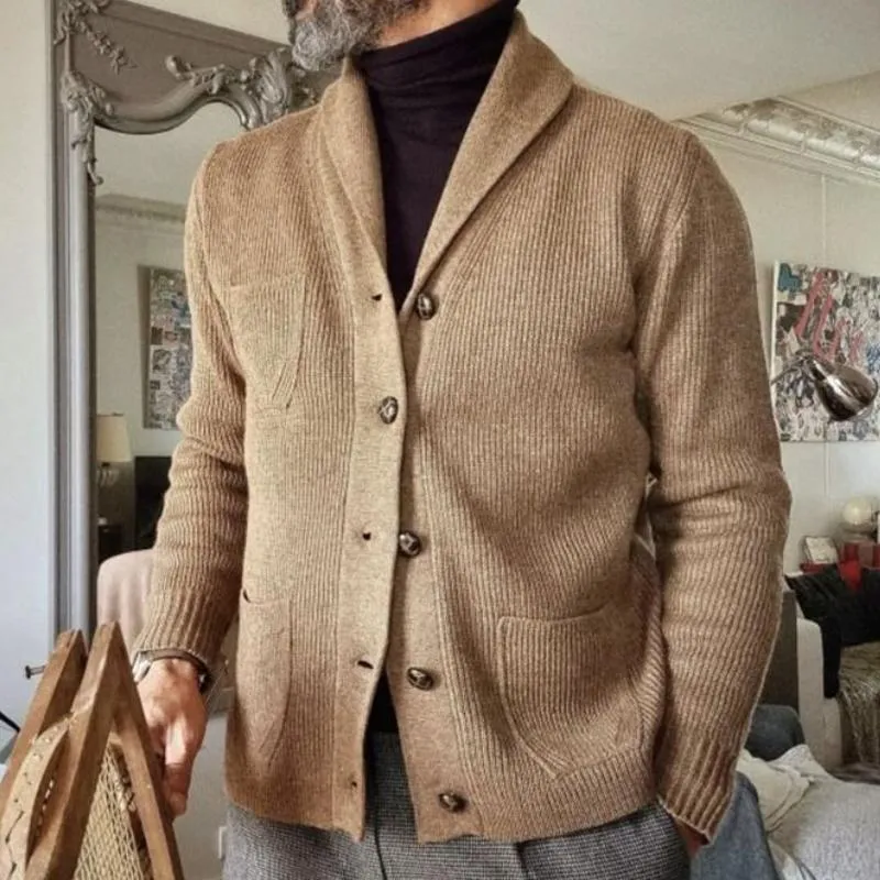 Men's Casual Shawl Collar Single-breasted Patch Pocket Knitted Cardigan 81576513M