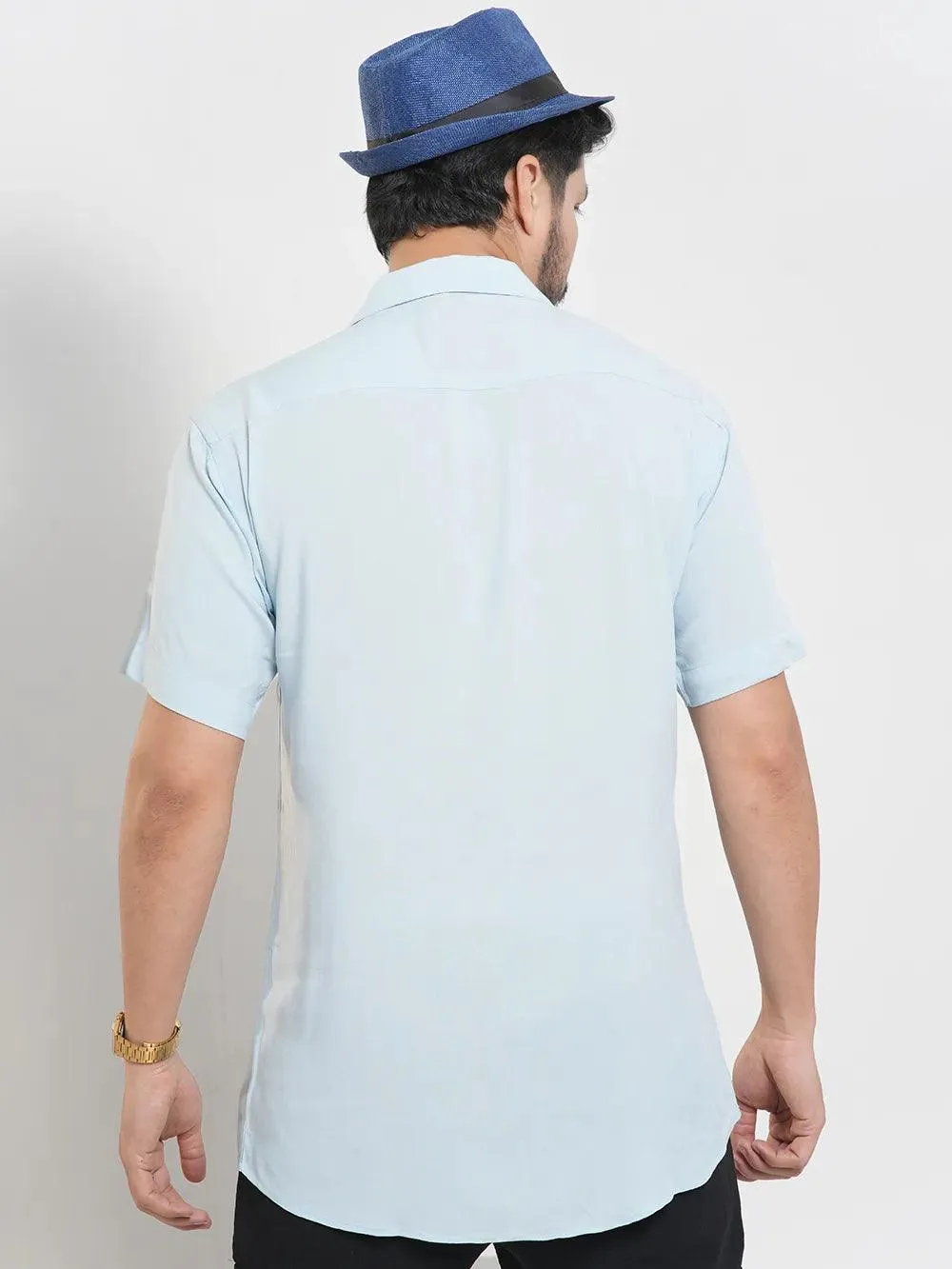 Men's Short Sleeve Casual Shirt in Front Cut & Sew Contrast Camp Shirt