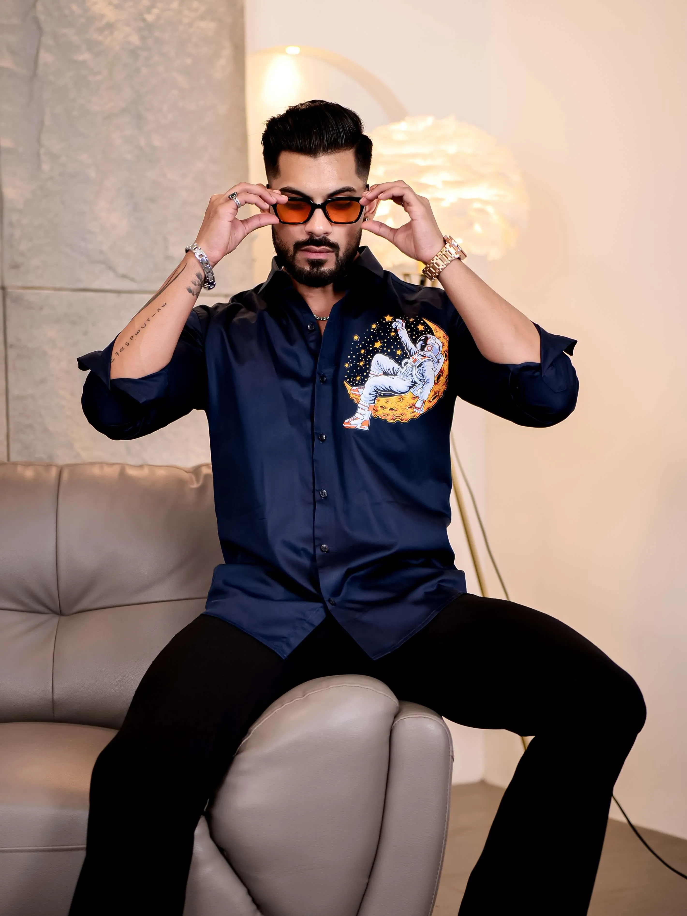 Navy Club Wear Star Space n Printed Satin Cotton Shirt
