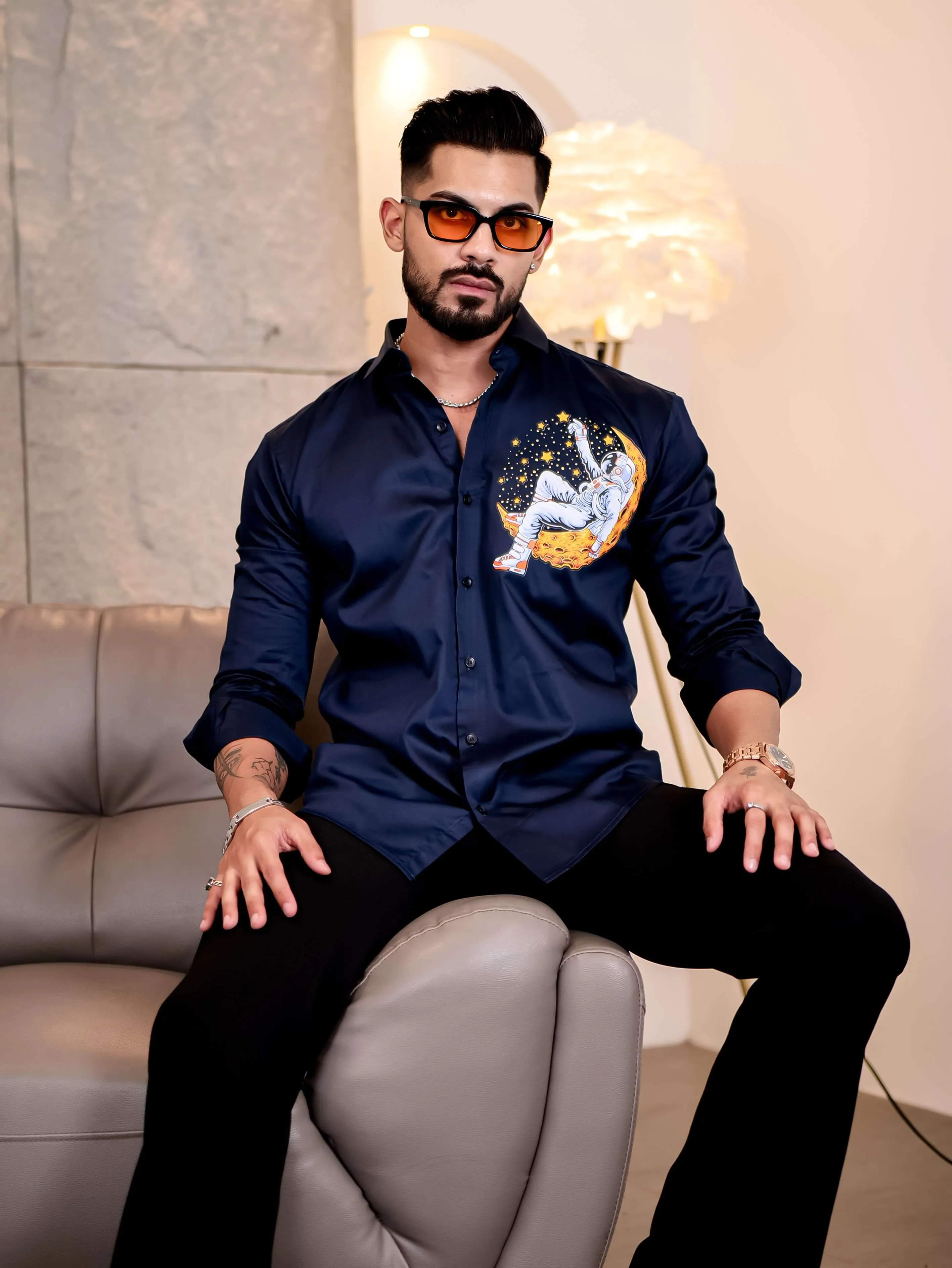 Navy Club Wear Star Space n Printed Satin Cotton Shirt