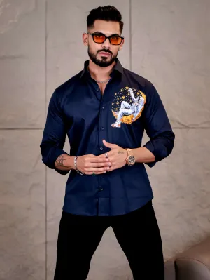 Navy Club Wear Star Space n Printed Satin Cotton Shirt