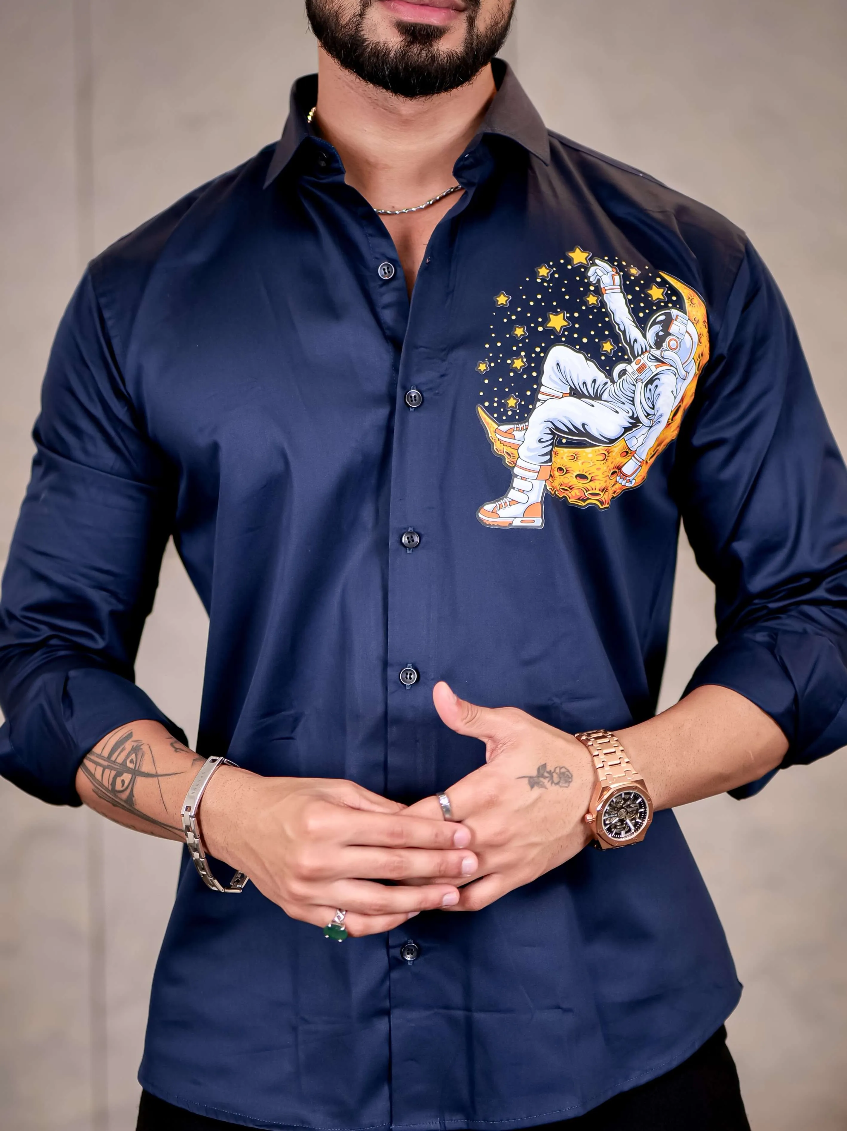 Navy Club Wear Star Space n Printed Satin Cotton Shirt