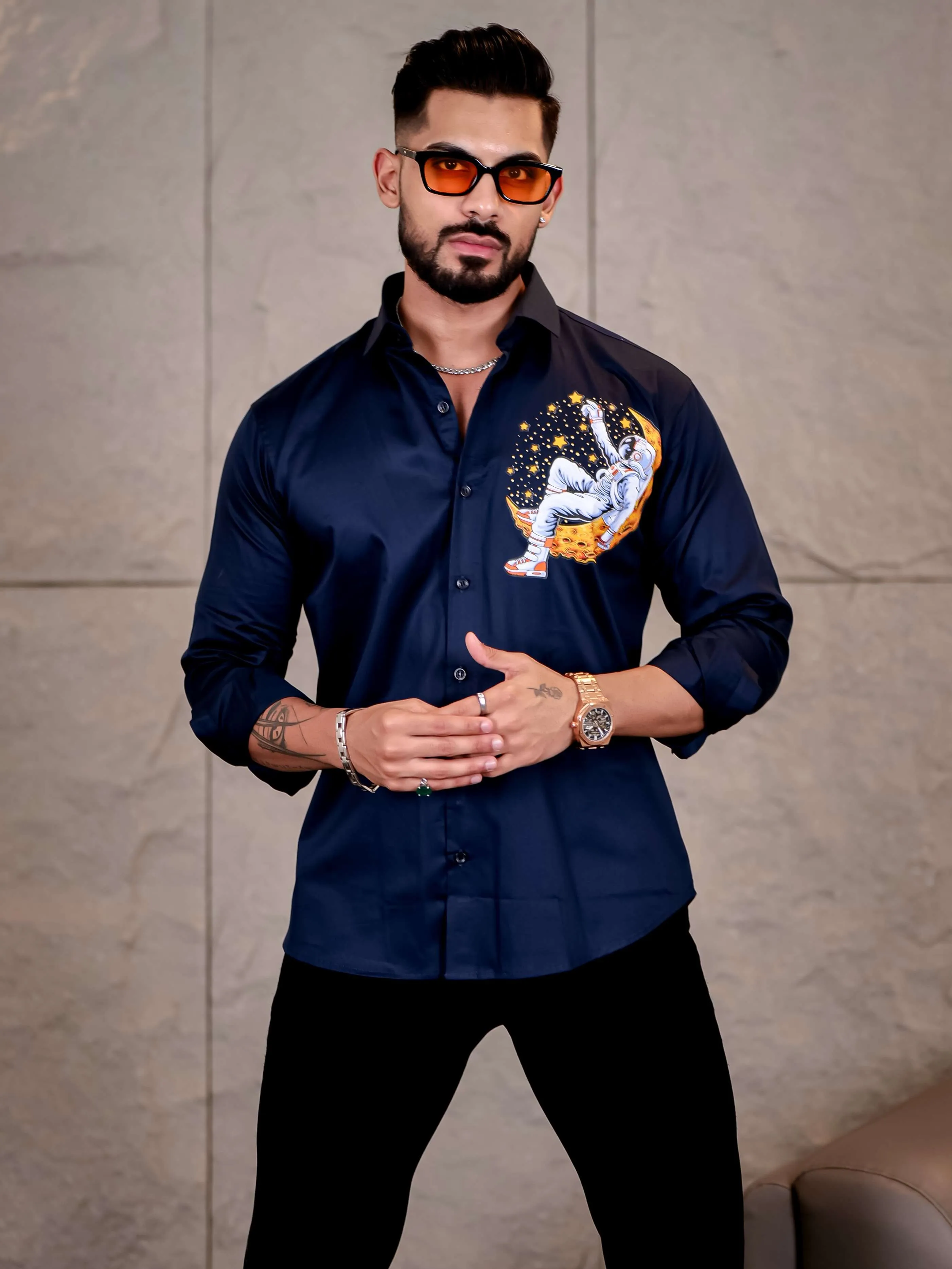 Navy Club Wear Star Space n Printed Satin Cotton Shirt
