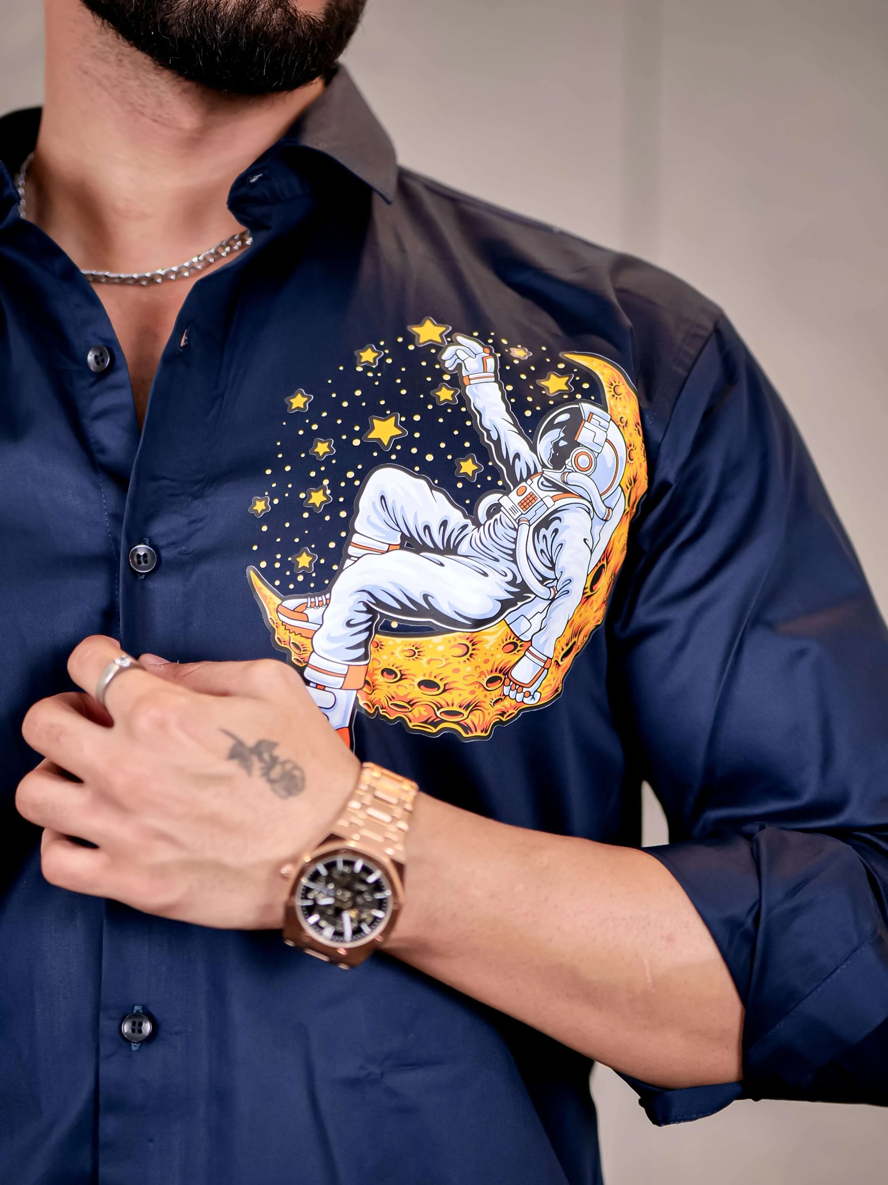 Navy Club Wear Star Space n Printed Satin Cotton Shirt