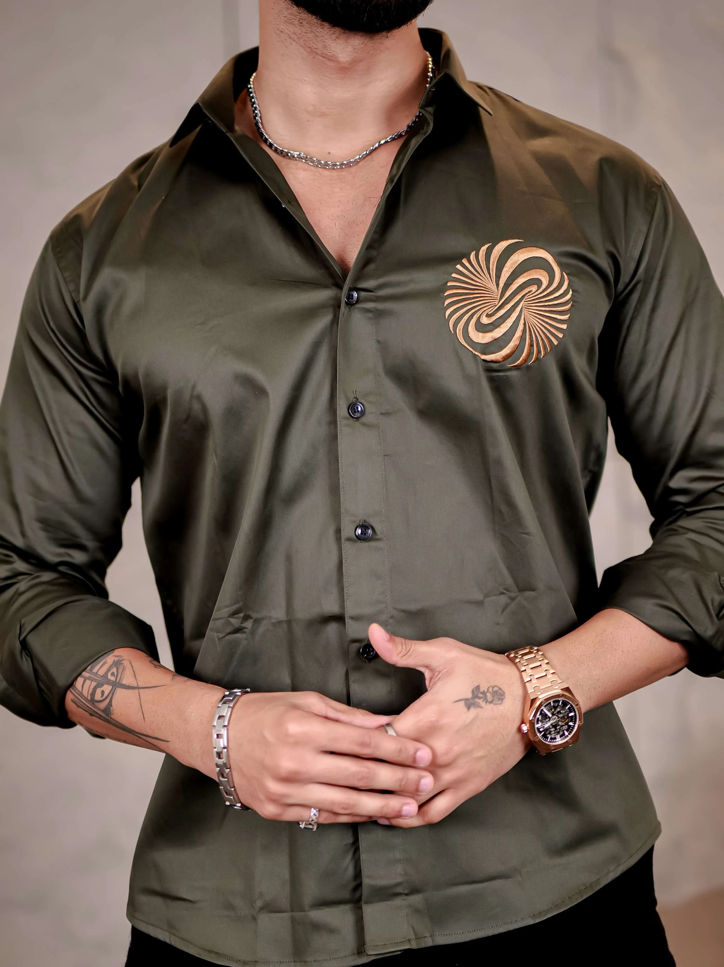 Olive Green Money Attract Embroidered Premium Cotton Shirt For Men