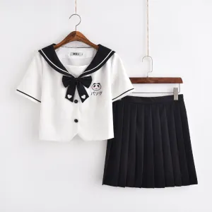 Panda Black White Cute Japanese Student Sailor Uniform Seifuku Shirt Skirt Two Piece Set