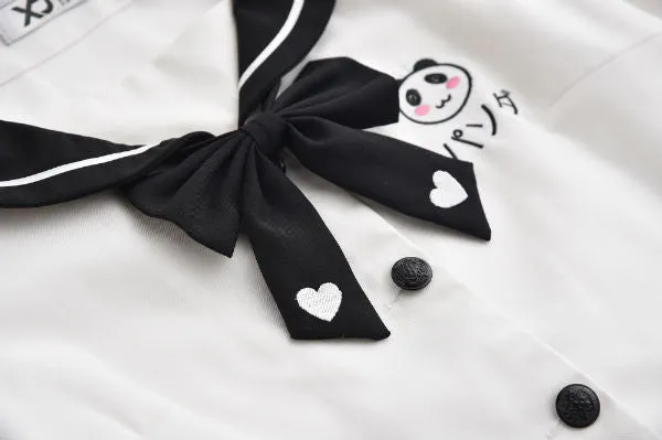 Panda Black White Cute Japanese Student Sailor Uniform Seifuku Shirt Skirt Two Piece Set