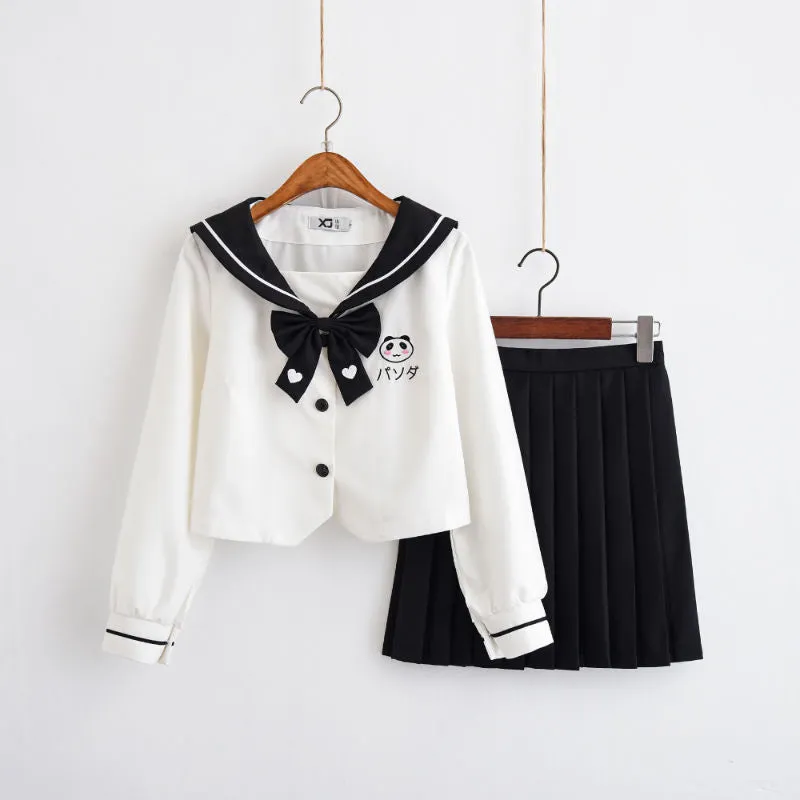 Panda Black White Cute Japanese Student Sailor Uniform Seifuku Shirt Skirt Two Piece Set