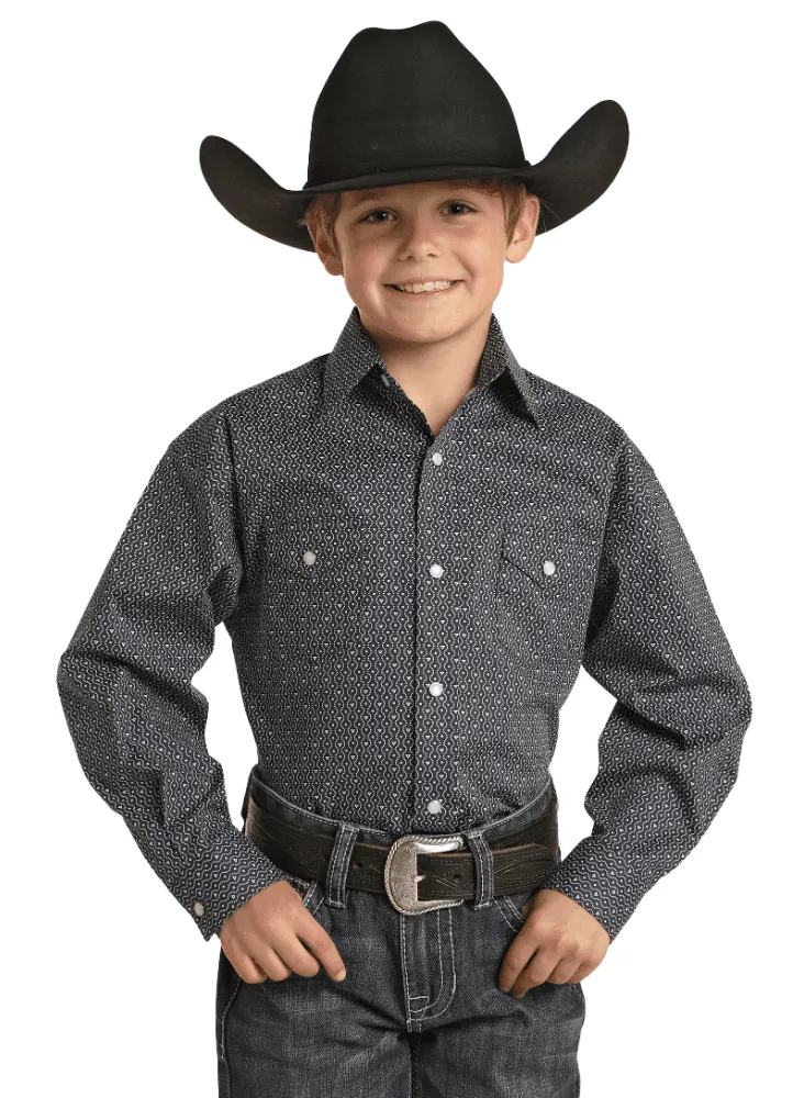 Panhandle Rough Stock Boy's Blue Geo Print Snap Up Western Shirt RSBSOSR0ED