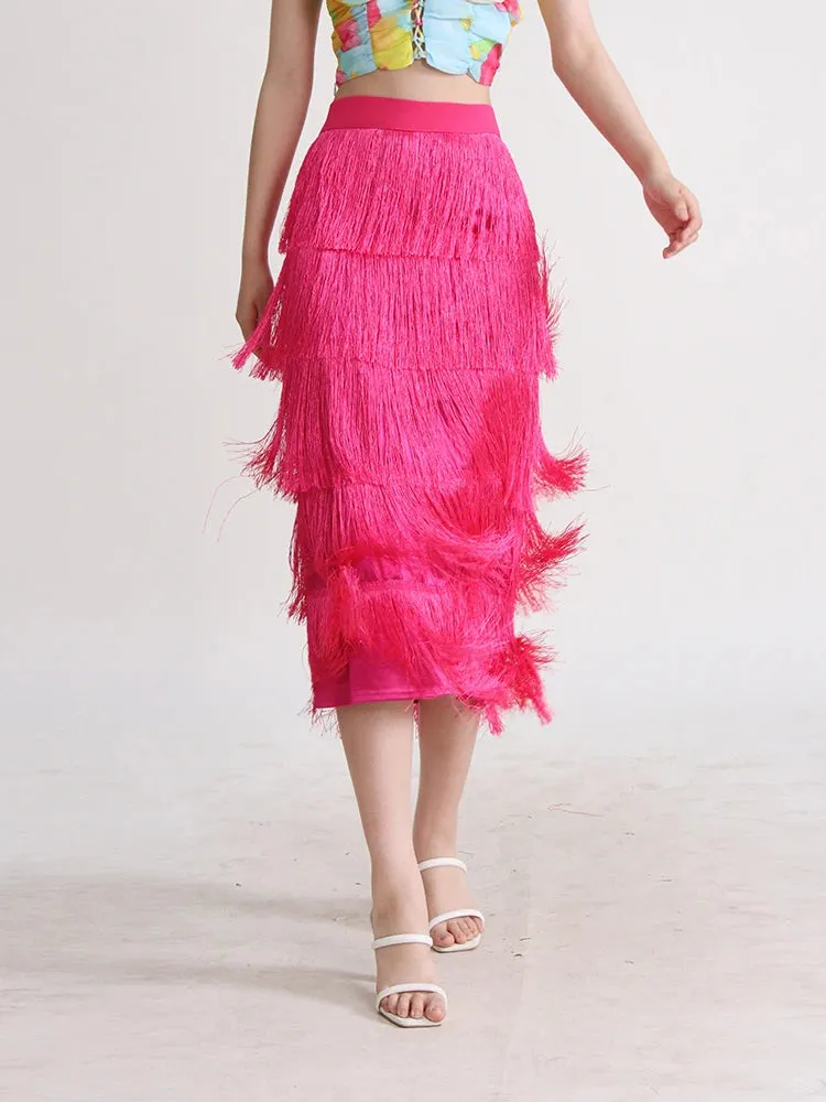 Patchwork Tassel Casual Skirts For Women High Waist Spliced Folds Solid Bodycon Summer Female Fashion Clothing