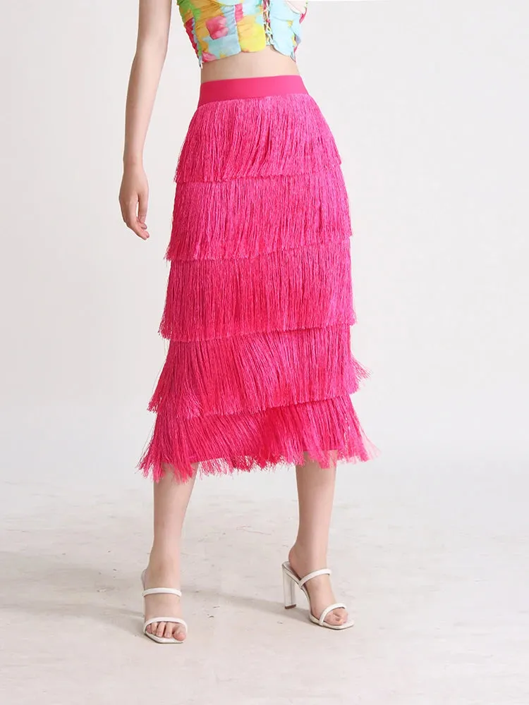 Patchwork Tassel Casual Skirts For Women High Waist Spliced Folds Solid Bodycon Summer Female Fashion Clothing