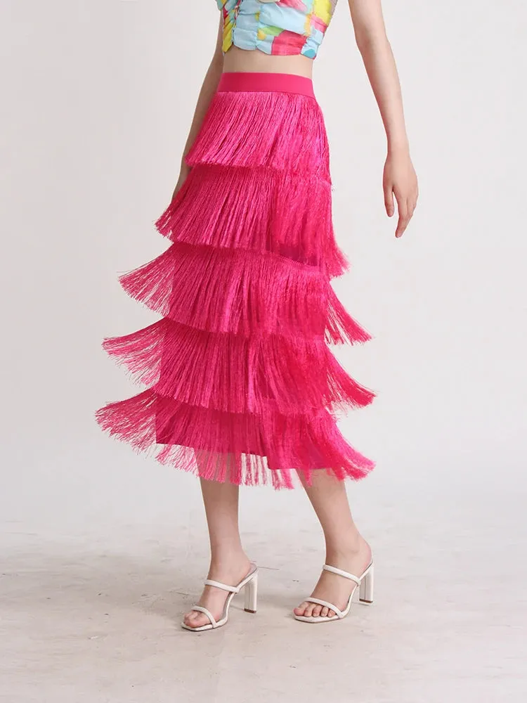 Patchwork Tassel Casual Skirts For Women High Waist Spliced Folds Solid Bodycon Summer Female Fashion Clothing
