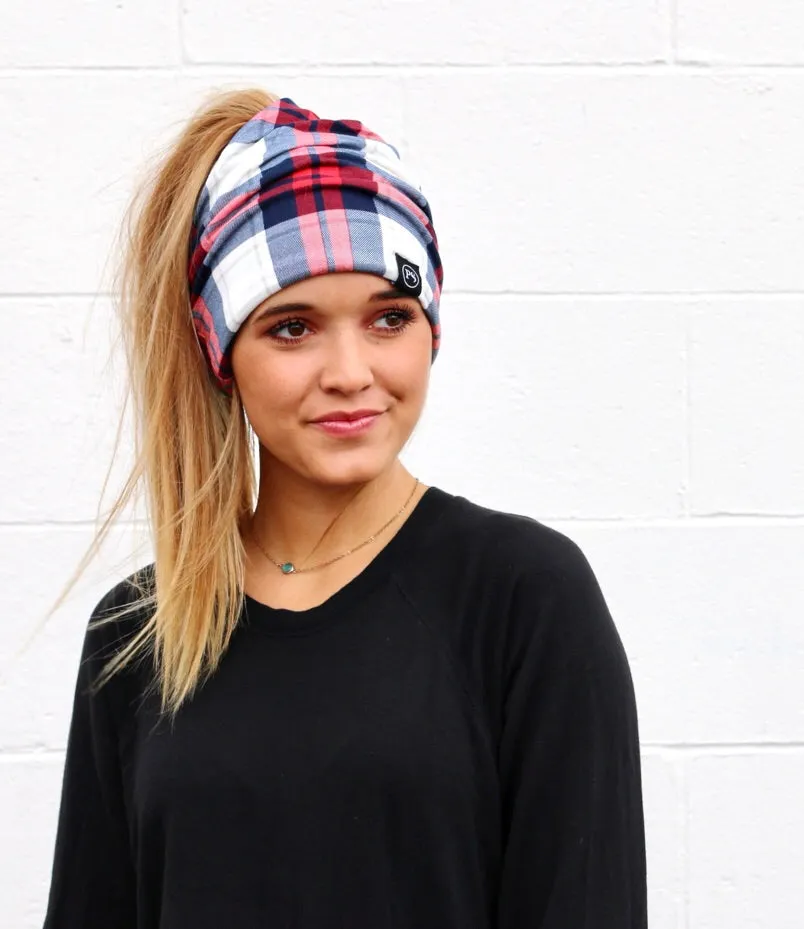 Peek A Boo Beanie Red and Blue Plaid