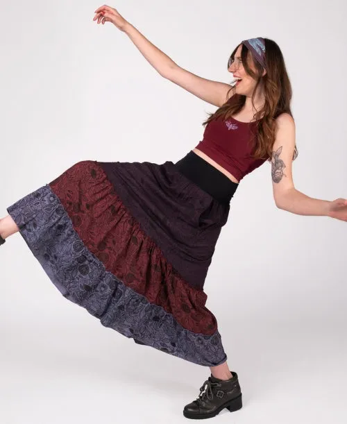 Plum Three Tier Maxi Skirt with Pockets
