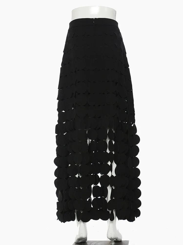 Pre Order:  Black Patchwork Tassel Hollow Out Skirt