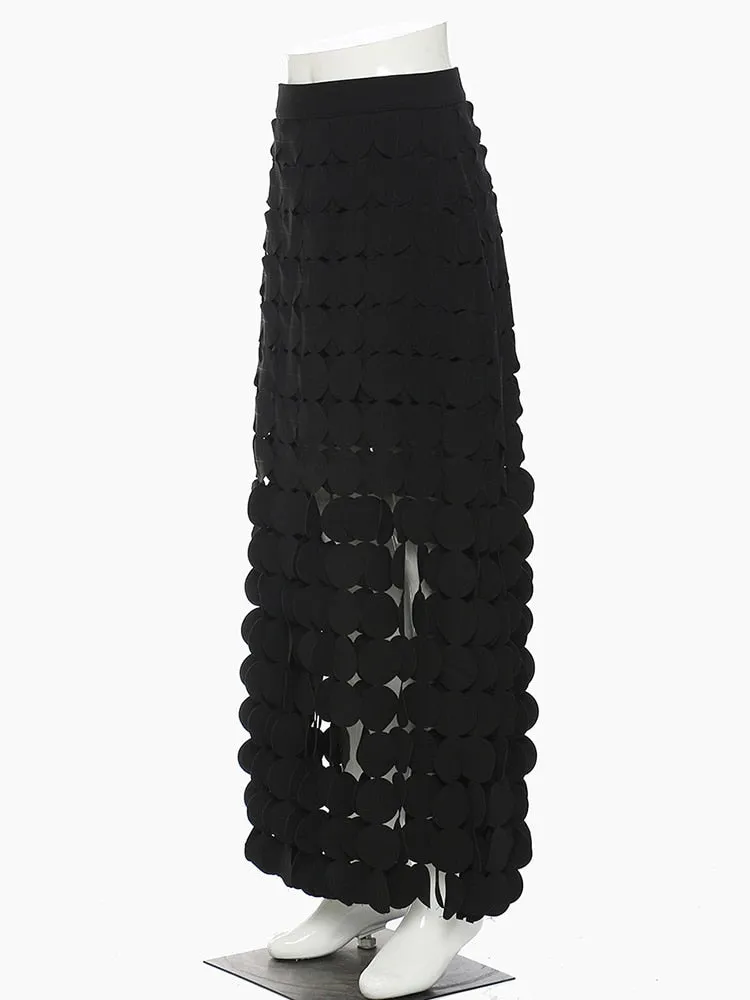 Pre Order:  Black Patchwork Tassel Hollow Out Skirt