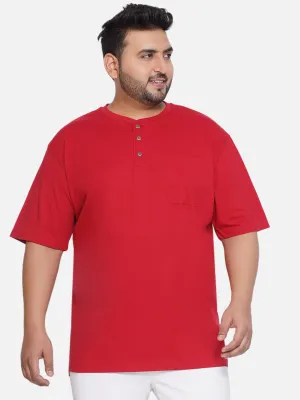 Red Head - Plus Size Men's Regular Fit Pure Cotton Red Solid Henley Neck Half Sleeve T-Shirt