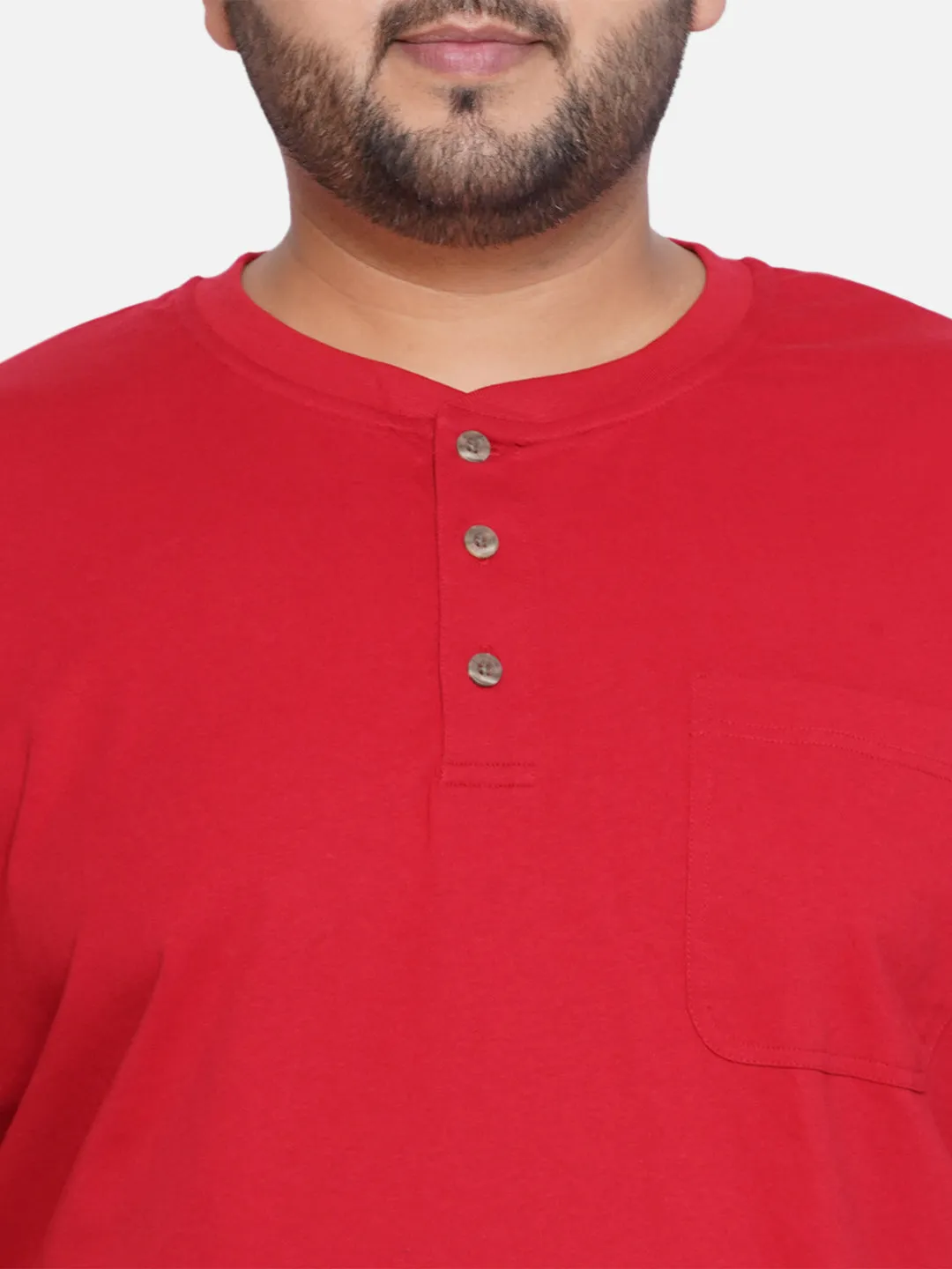 Red Head - Plus Size Men's Regular Fit Pure Cotton Red Solid Henley Neck Half Sleeve T-Shirt