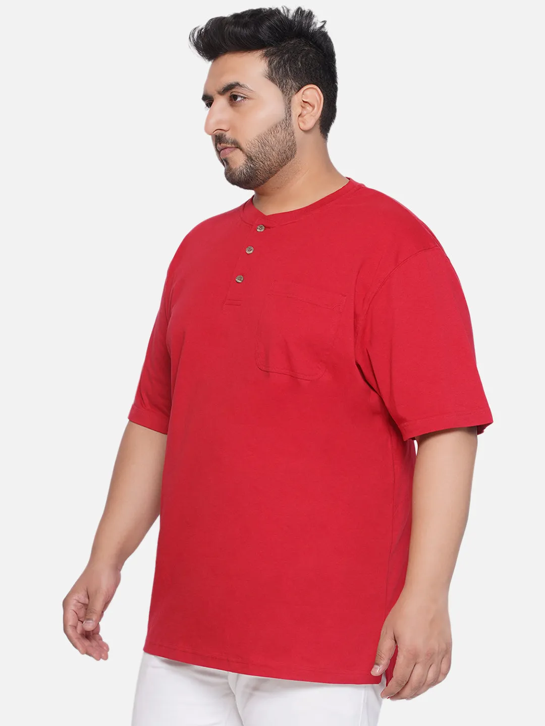 Red Head - Plus Size Men's Regular Fit Pure Cotton Red Solid Henley Neck Half Sleeve T-Shirt