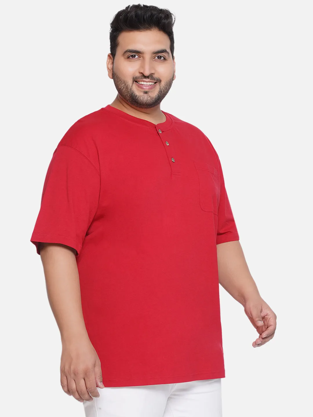 Red Head - Plus Size Men's Regular Fit Pure Cotton Red Solid Henley Neck Half Sleeve T-Shirt