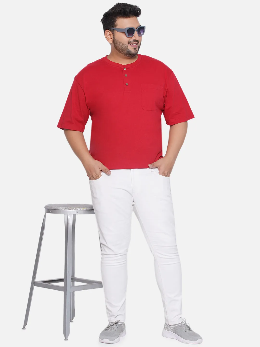 Red Head - Plus Size Men's Regular Fit Pure Cotton Red Solid Henley Neck Half Sleeve T-Shirt