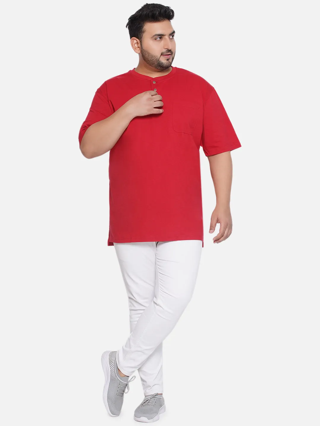 Red Head - Plus Size Men's Regular Fit Pure Cotton Red Solid Henley Neck Half Sleeve T-Shirt