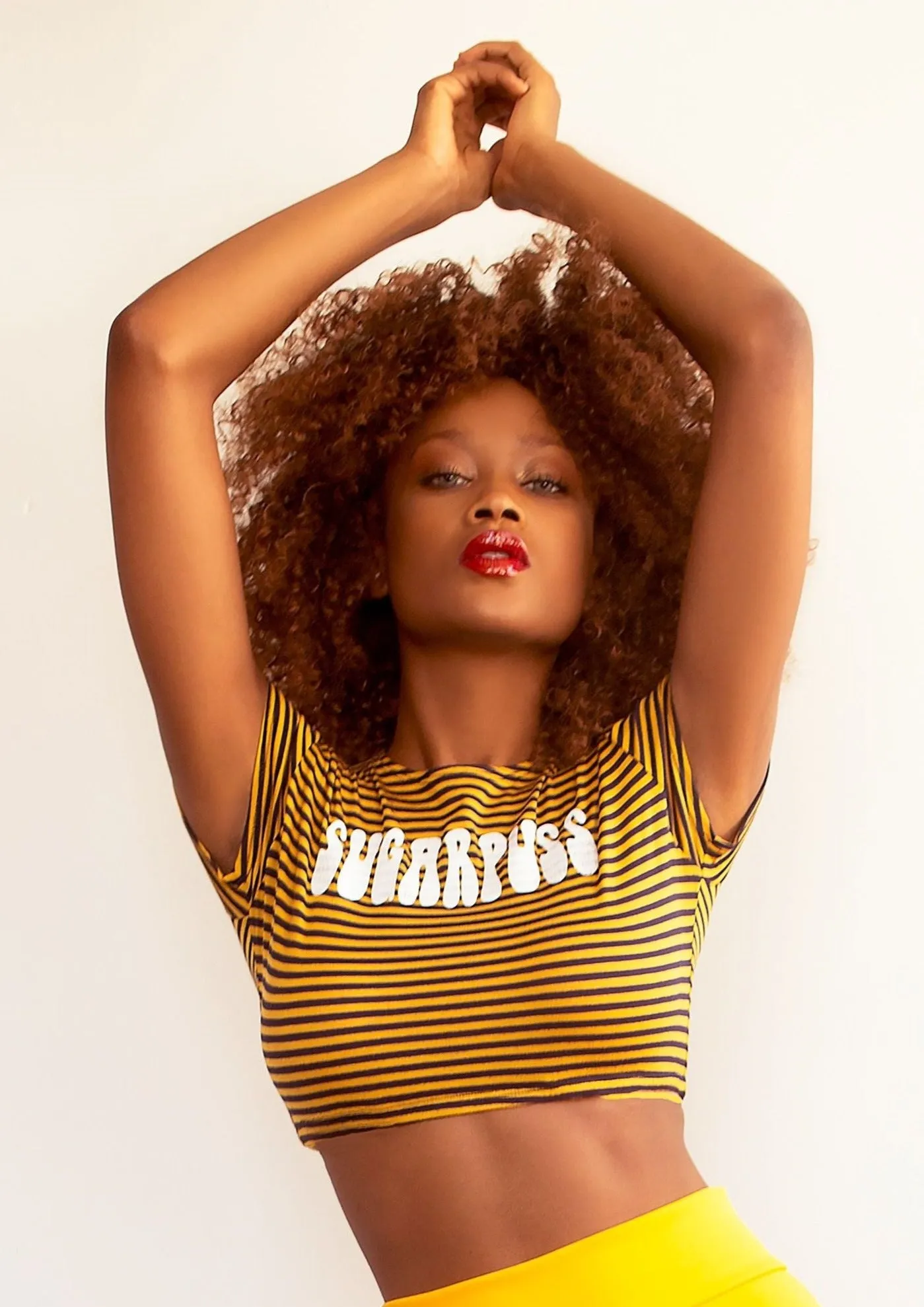 Retro Stripes 'Sugarpuss' Logo Crop Tee with Short Sleeves