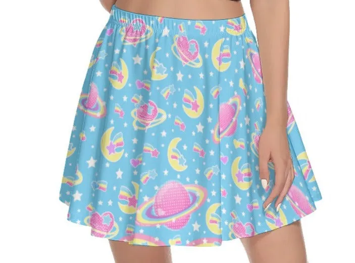 Saturn's Wish Blue Mini Skater Skirt