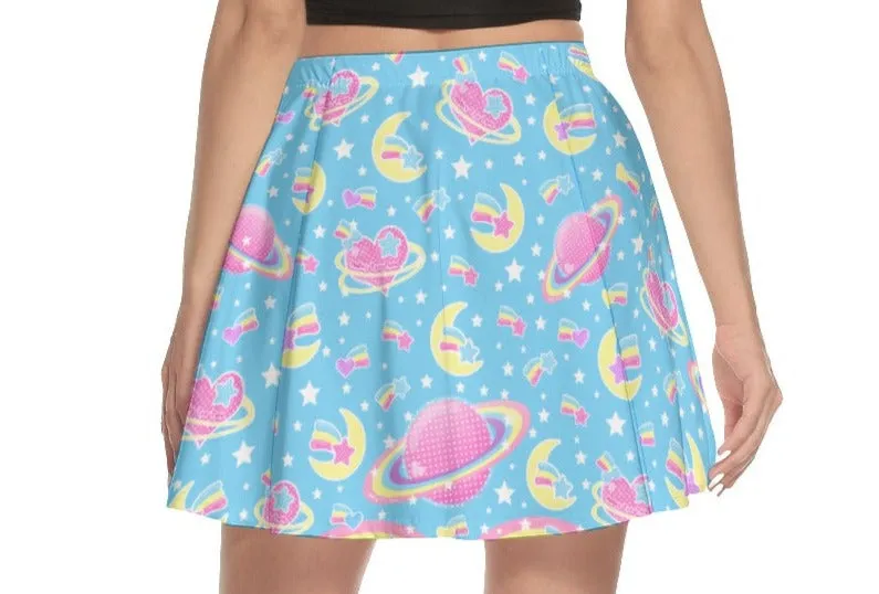 Saturn's Wish Blue Mini Skater Skirt