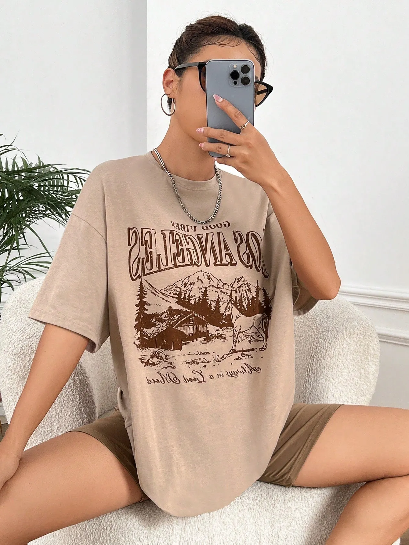 SHEIN EZwear Mountain & Letter Graphic Drop Shoulder Tee