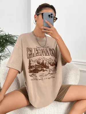 SHEIN EZwear Mountain & Letter Graphic Drop Shoulder Tee