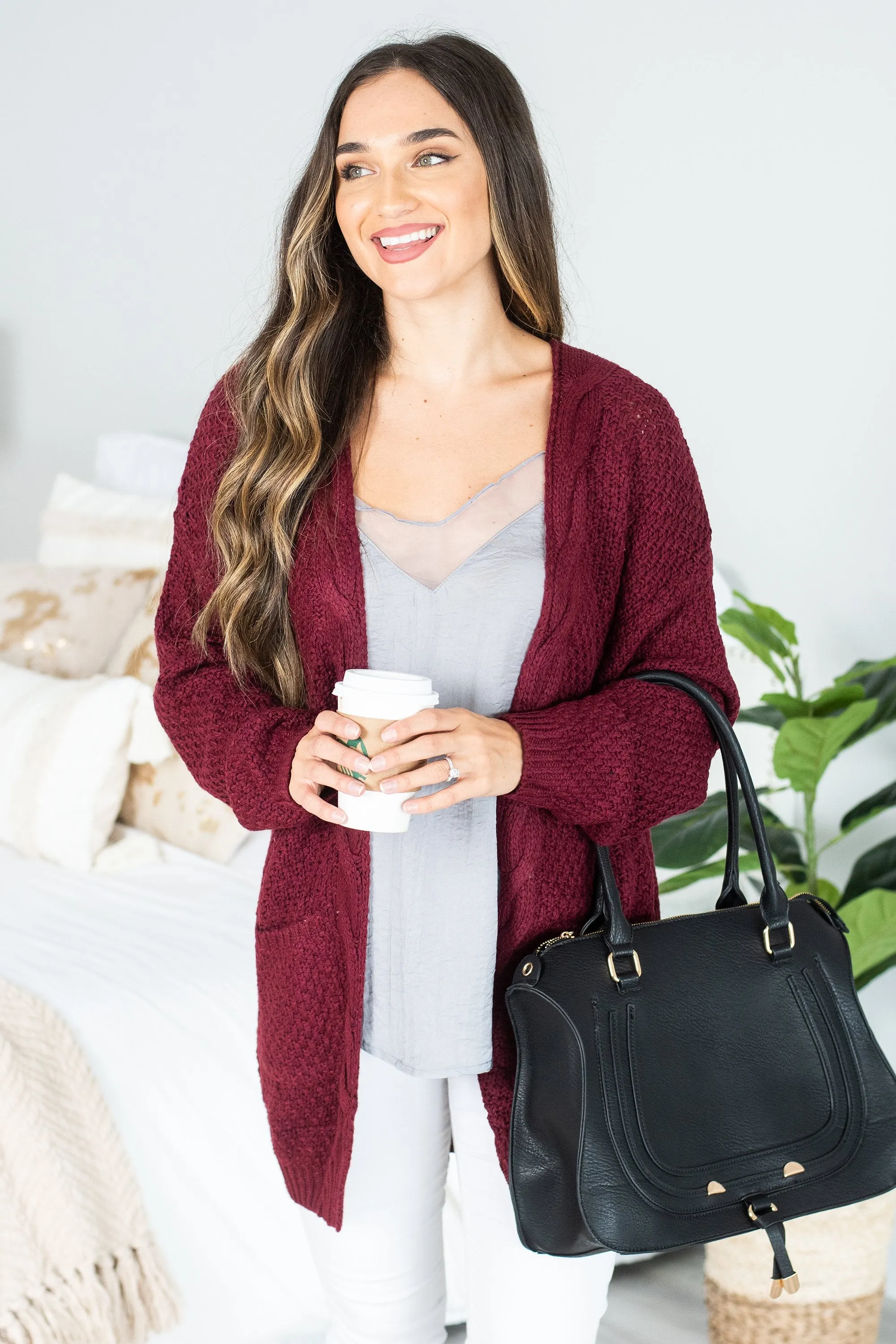Somebody To Love Burgundy Red Cable Knit Cardigan