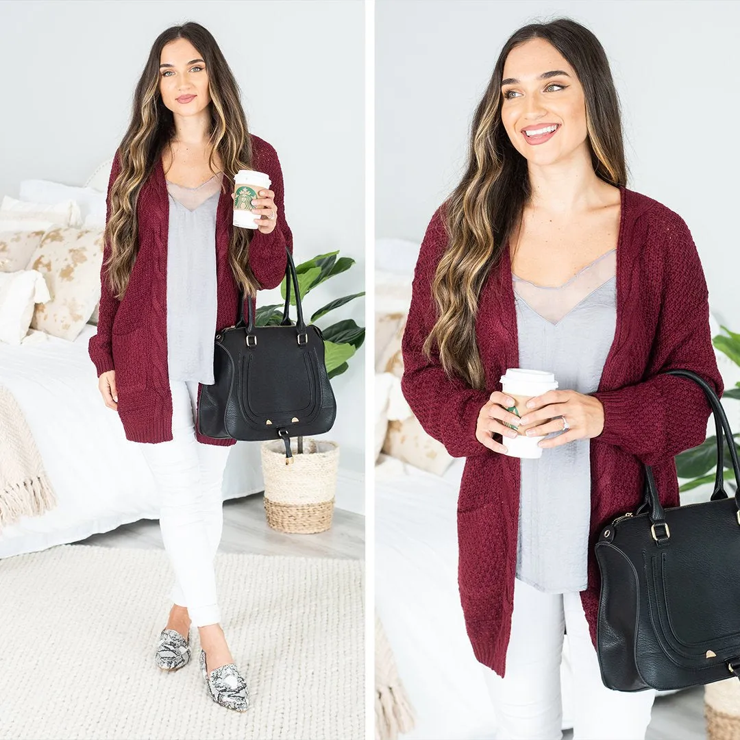 Somebody To Love Burgundy Red Cable Knit Cardigan