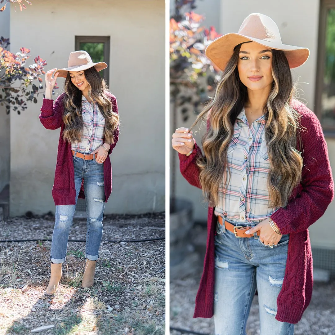 Somebody To Love Burgundy Red Cable Knit Cardigan