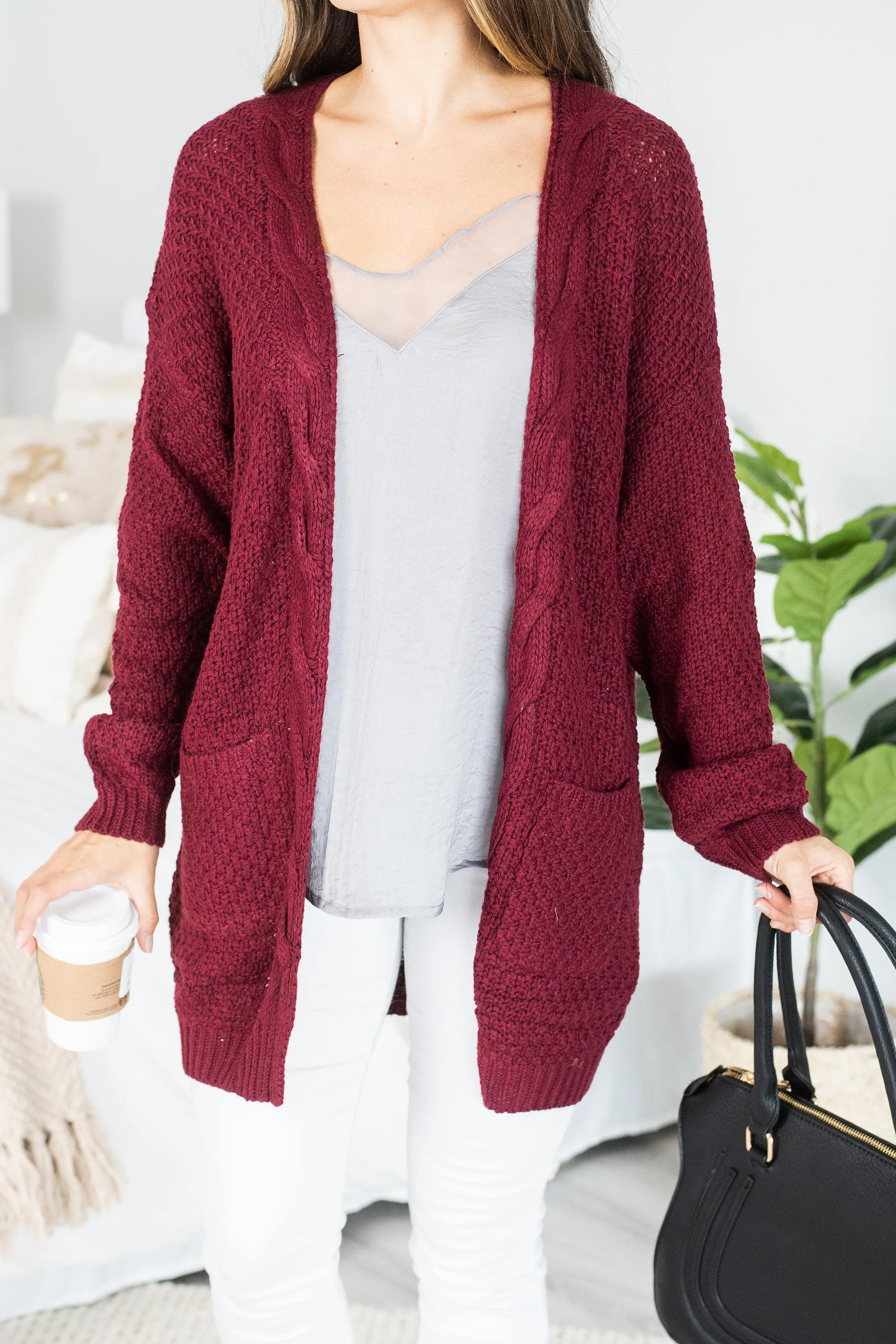 Somebody To Love Burgundy Red Cable Knit Cardigan