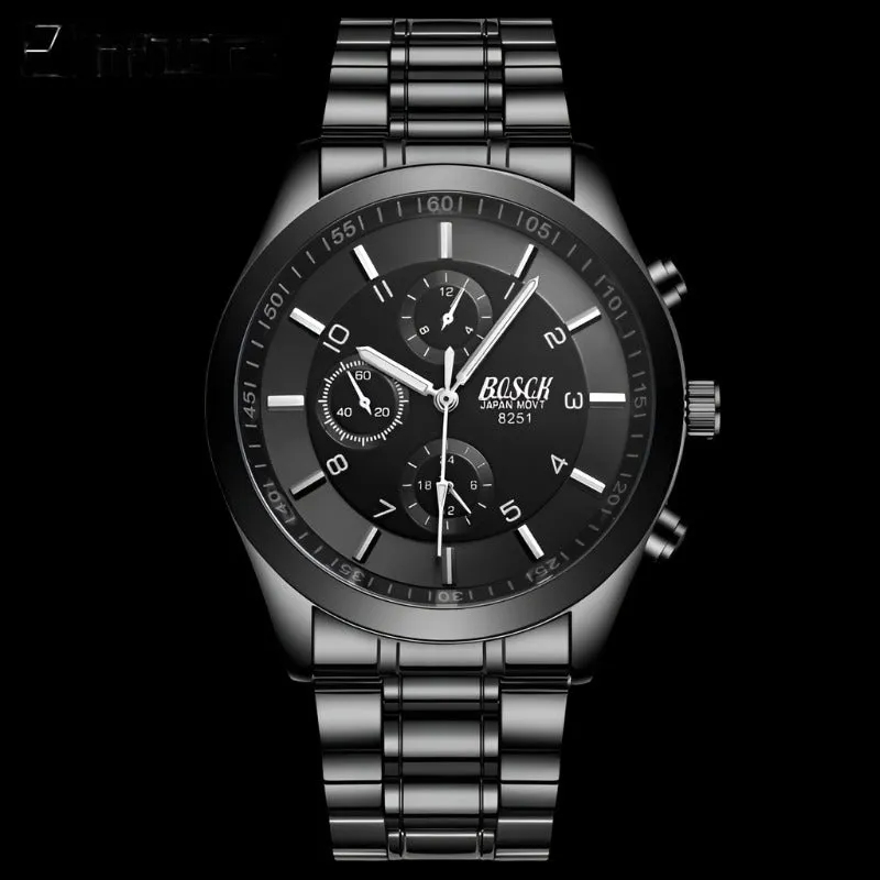 Ultra-Thin Men's Black Gold Steel Band Sports Luminous Waterproof Watch