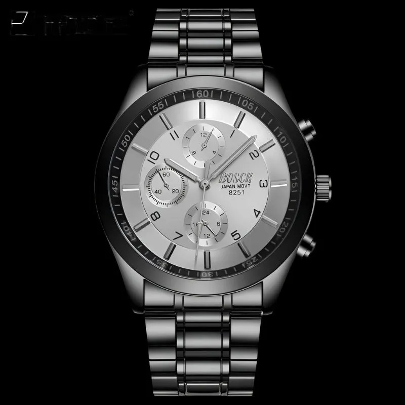 Ultra-Thin Men's Black Gold Steel Band Sports Luminous Waterproof Watch
