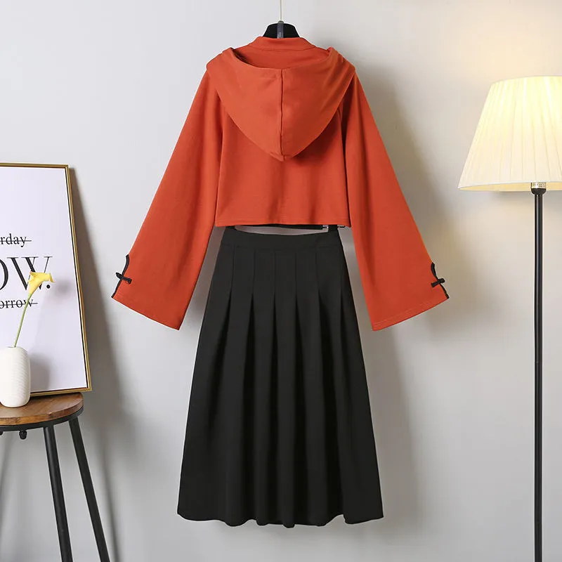 Vintage Floral Embroidery Hoodie Sweatshirt Skirt - Classic Style