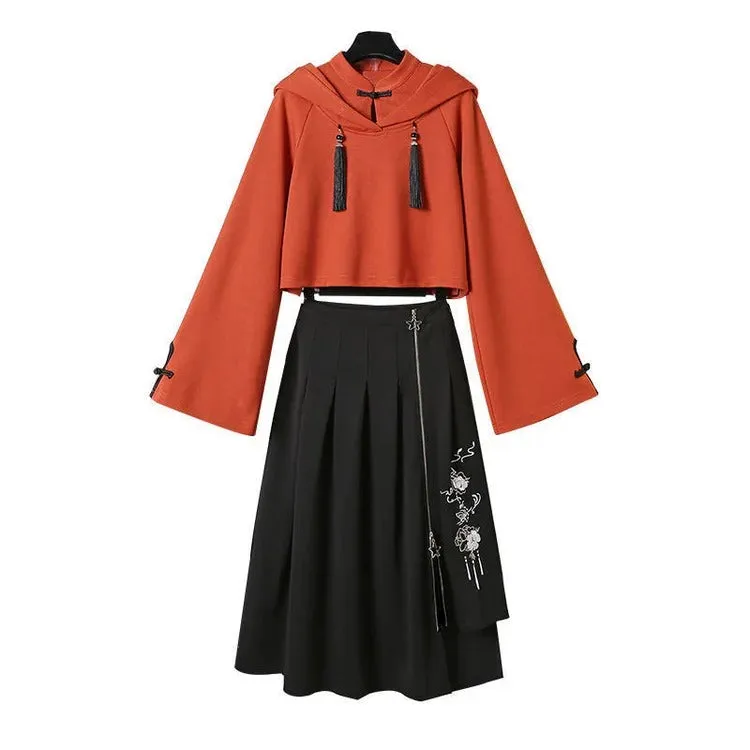 Vintage Floral Embroidery Hoodie Sweatshirt Skirt - Classic Style