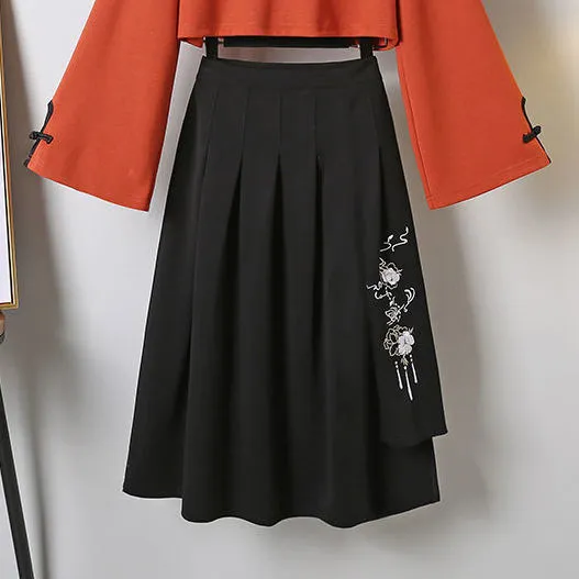 Vintage Floral Embroidery Hoodie Sweatshirt Skirt - Classic Style