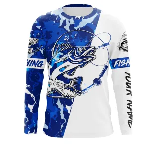 Walleye Fishing Blue Sea Camouflage Custom Name 3D Long Sleeve Shirts, Walleye Fishing Jerseys